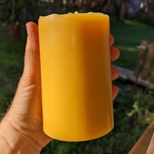 Small Pillar Pure Beeswax Candle Features: Pure beeswax from our bees. Pure cotton wicks, bright light and durable burn. Hand poured into silicone mold.
